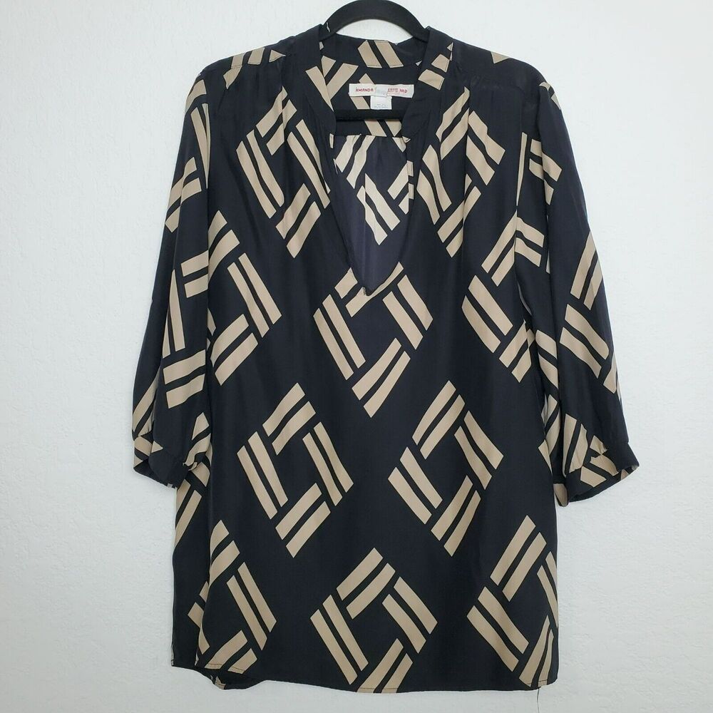 Amanda Uprichard Womens Tunic Top Size L Silk V-Neck 3/4 Sleeve Geometric FLAW